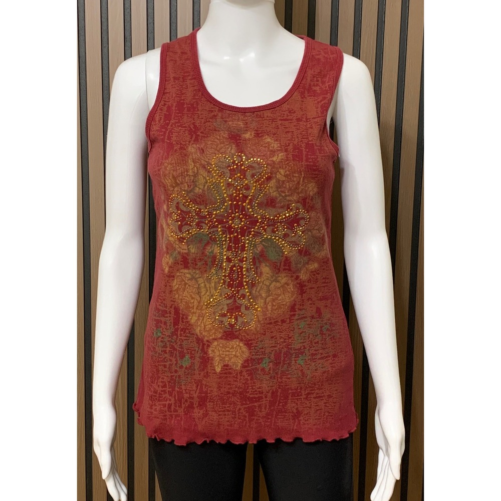 Vintage Susan Lawrence Burgundy Ribbed Rhinestone Cross Y2k Graphic Tank Top M